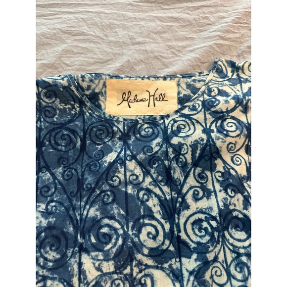 Madame Hall Blue White Batik Scroll Print Midi Dress Long Sleeve Pockets XL - Picture 7 of 10